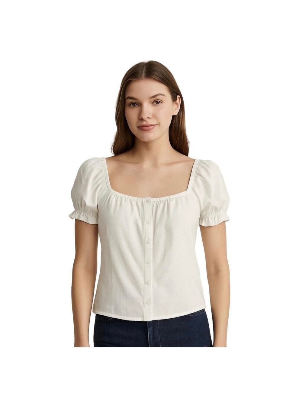ABOUND cotton linen blend puff sleeves button down top blouse square neck Sz XL